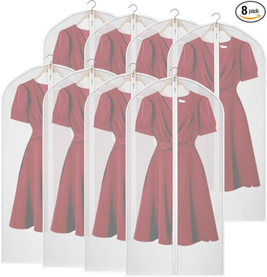 Clear Garment Bags for Closet Storage Suit Bag Set of 8 Hanging Clothes Cover Dress Bag Dust-Proof with Zipper for Suit, Coat, Long Dresses Clothes Storage 24” x50”