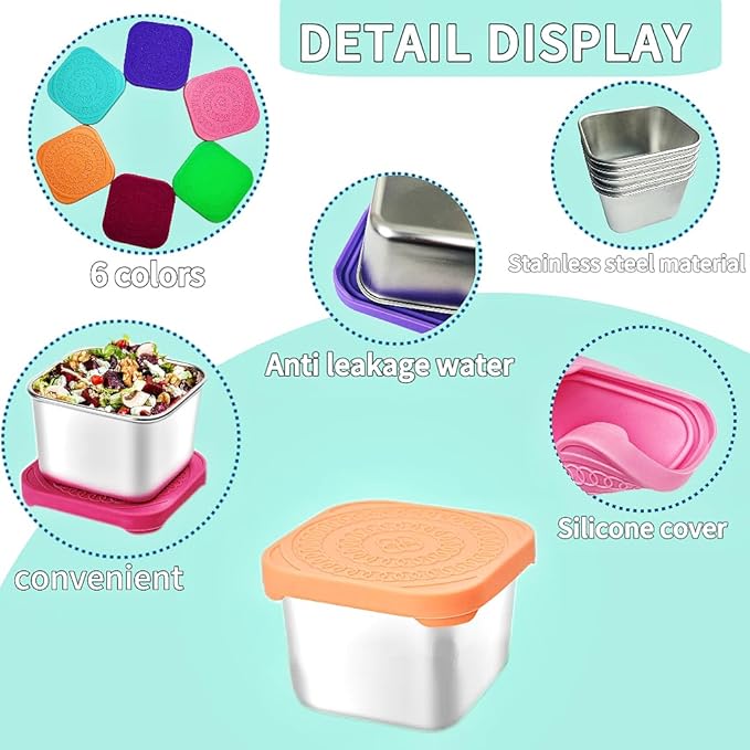 HTEVW 6Pack 6oz Stainless Steel Snack Containers for Kids, Easy Open Leak Proof Metal Toddler Snack Containers with Silicone Lids, Stackable Metal Toddler Lunch Box for Daycare, School and Travel