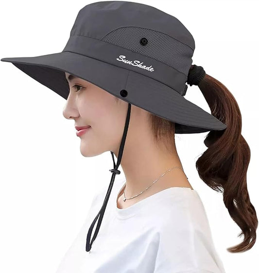 Sun Hat for Women Summer UV Protection Beach Hat Wide Brim Mesh Bucket Fishing Hat with Ponytail Hole Foldable Packable Hat