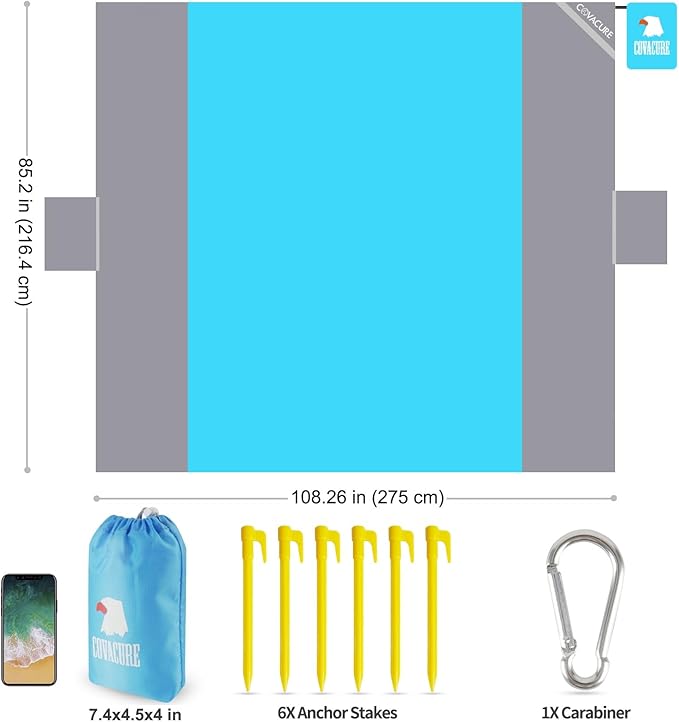 covacure Extra Large Beach Blanket Sandproof Waterproof - 108"x85" for 7-8 Adults, Oversized Portable Beach Mat with Zipper Pockets, Lightweight Durable Outdoor Accessories for Beach, Camping, Travel