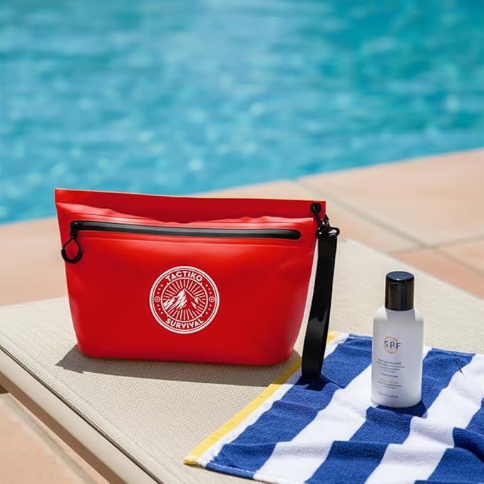 Tactiko 3L Water Resistant Pouch - Waterproof Material w/Splashproof Zipper - Hold All Zipper Bag for Storage, Toiletries, Travel, Beach, Cruise, Home (Red)