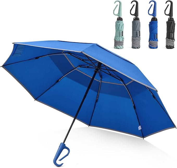 G4Free 46inch Ring Buckle Umbrella, Inverted Design with Carabiner Handle, Compact Travel Umbrella with Reflective Strip, Automatic Windproof for Rain