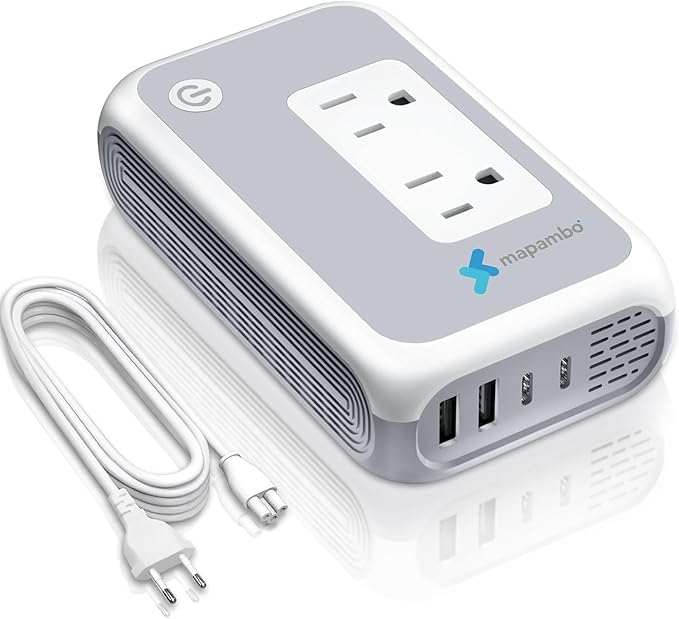 Voltage Converter US to Europe for Curling Iron and Hair Straighteners, 220V to 110V Converter for European Travel Plug Adapter with 2 USB A & 2 USB C Ports (White)