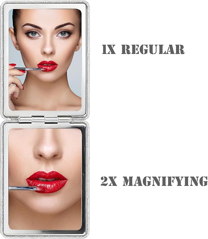 Nice Compact Travel Vanity Mirror for Girls Ladies Women Men, Elegant Silver 2-Sided Folding Makeup Mirrors for Pocket Handbag Purse Wallet Backpack, Portable Slim Magnifying Cosmetic Mirror