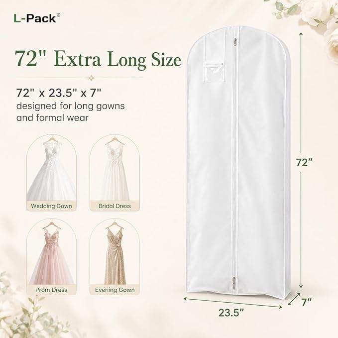 LPack Garment Bag for Long Dresses, Extra Long Breathable Garment Bag with Pockets & Gusset for Wedding Gowns, Bridal, Prom & Formal Dresses, Travel & Storage, White, 72"