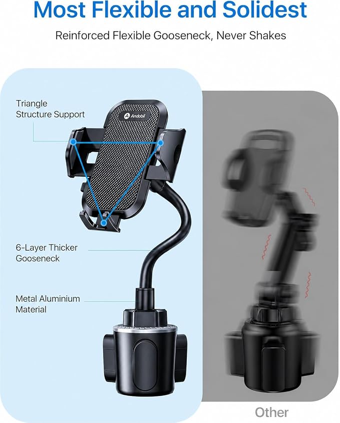 andobil Military-Grade Cup Holder Phone Holder, [Solidest Metal Gooseneck] Universal Cup Phone Holders for Your Car Truck Golf, 360° Adjustable Cup Holder Cell Phone Mount for iPhone Samsung Google