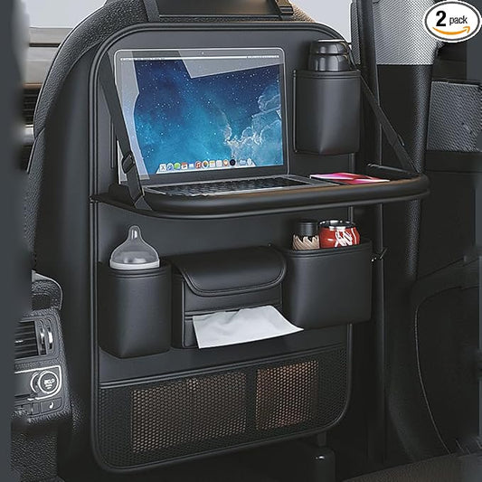 2 Pack Leather Car Backseat Organizer with Foldable Table Tray, Universal Car Seat Back Protector Kick Mat with Touchscreen Tablet Holder, Storage Pockets, Cup Holders & Tissue Holder, Black
