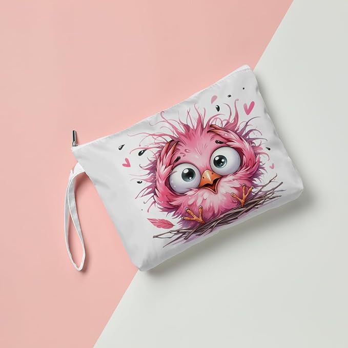 Fokongna Cute Print Wet Bag, Small Portable Waterproof Multi-Functional Organizer for Women, Pink Fluffy Baby Bird, Ideal for Daily, Beach & Travel