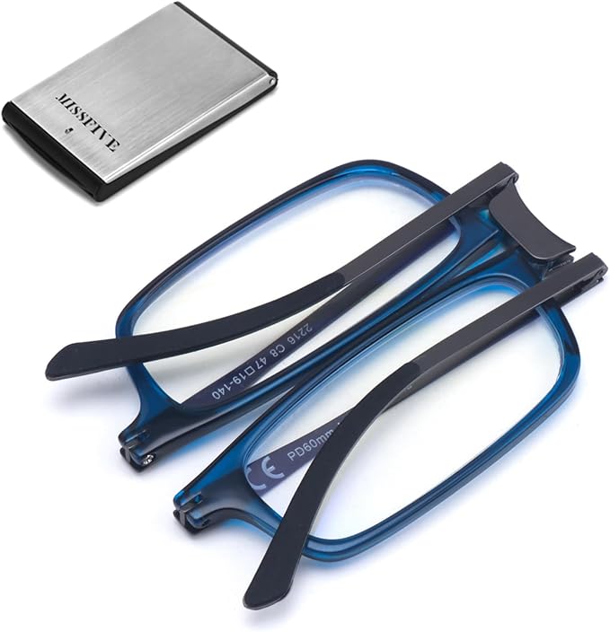Missfive Premium Folding Reading Glasses Blue Light Blocking for Men Women, Ultra Thin Foldable Portable Travel Readers with Durable Pocket Metal Case, Compact Eyewear 1.25x