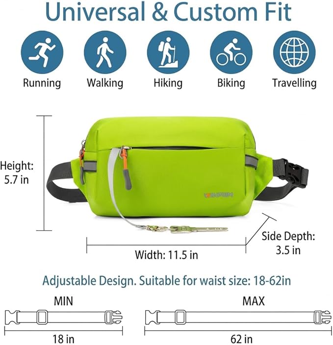 Fanny Pack for Men Women 2L Lightweight Waist Belt Hip Bag Slim Crossbody Adjustable Water Resistant Bum Belt Pouch for Travel Running Shopping Hiking Cycling Climbing EDC GREEN