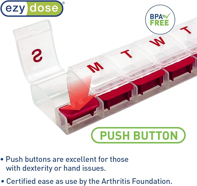 EZY DOSE Weekly (7-Day) AM/PM Daily Pill Organizer, Vitamin Case, and Medicine Container, X-Large Compartments, Arthritis Friendly, Convenient with Effortless Portability, Clear/Red Lids, BPA Free