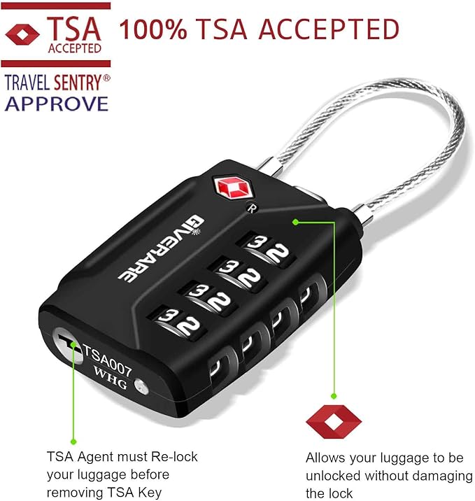 2 Pack TSA Approved Travel Luggage Locks, 4-Digit Metal Cable Combination Suitcase Lock, Alloy Padlocks, Weatherproof Padlock for Locker, Golf Bag, Gun Case, Backpack, Anti Theft-Black