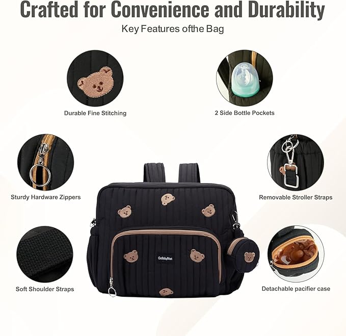 GOBABYMART Diaper Bag Backpack, Medium Maternity baby bag & Changing Pad, Insulated Pockets, Stroller Straps & Pacifier Case (Medium - Black Bears)