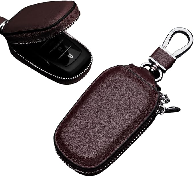 Yourkar Car Key Case, Genuine Leather Auto Fob Storage Bag, Chain Holder Ring Zipper Bag, Car Accessories (Coffee)