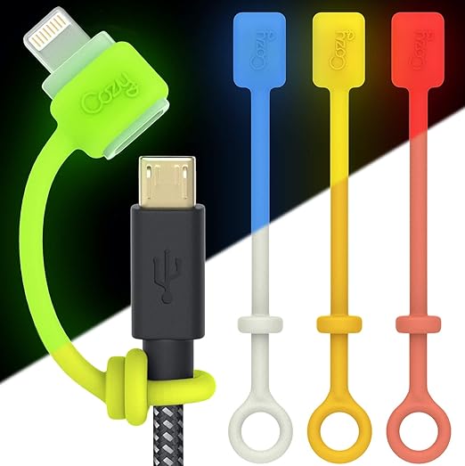 Cozy USB Cable Caps with Tether, [4-Pack] Glow-in-the-Dark Silicone Cord Keeper, Anti-Lost Protective Covers for Charging Cords and USB Adapters, Multi-Color Set