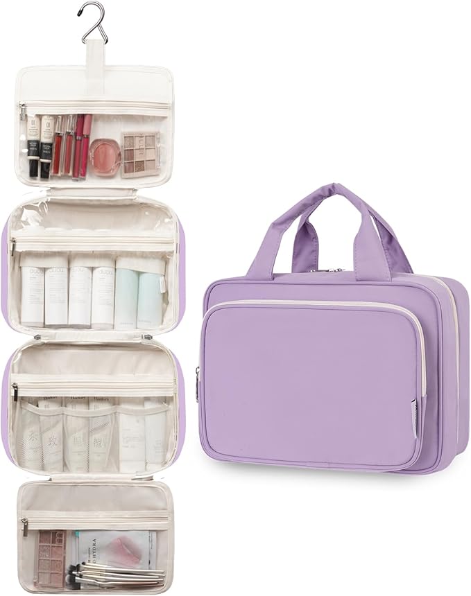 Narwey Travel Toiletry Bag for Women Large Hanging Makeup Bag Organizer Toiletries Bag for Full Size Essentials Accessories Cosmetics (Purple (Large))