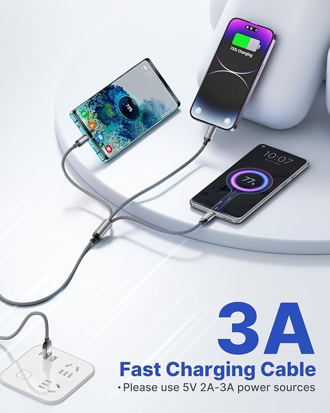 Chargers for Multiple Devices Multi Charging Cable 3 in 1 Multi Fast Charging Cord Nylon Braided USB Cable Adapter IP/Type C/Micro USB Port for Cell Phones Tablets Samsung Galaxy PS & More (Gray)