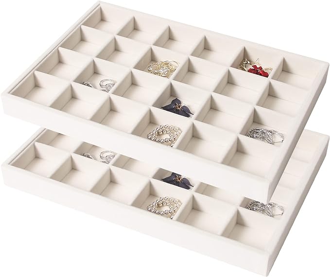 Coward 2PC Stackable 24 Gird Jewelry Organizer Tray Necklace Earring Box Storage Drawer Ring Bracelet Display Holder (beige(24grid+24grid))