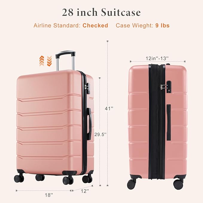 Sweetcrispy 29 Inch Carry On Luggage, ABS Hard Shell Lightweight Rolling Suitcase with Smooth Spinner Wheels and Built-in TSA Lock, Travel Suitcase for Business and Holiday Trips, Pale Pink