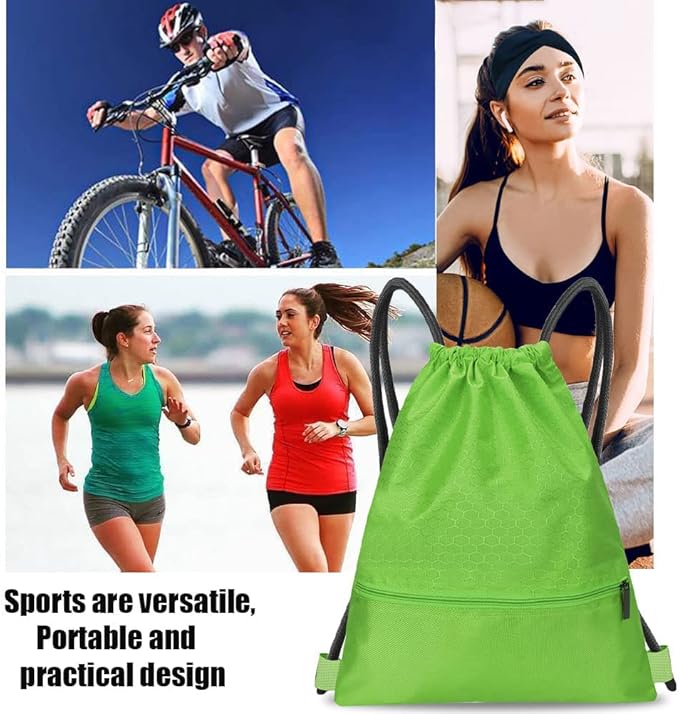 Drawstring Backpack Bag, Waterproof Draw String Back Sack with Zip Pocket, Gym Drawstring Bags Swim Bag for Men Women