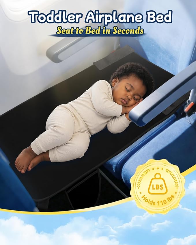 Toddler Airplane Bed, Airplane Seat Extender for Kids, Kids Travel Bed for Long Flights, Portable Plane Footrest, Soft Velvet Leg Support, Machine Washable, Non-Slip, Black