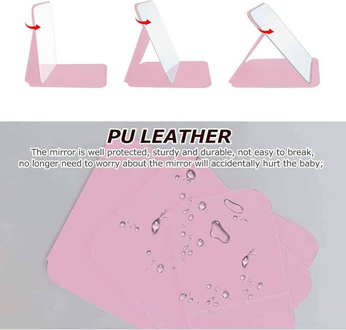 Makeup Mirror, 6x8 Inches Portable PU Leather Mirror, Folding Desktop Vanity Mirror with Adjustable Stand for Vanity Table, Office, Travel (M, Pink)