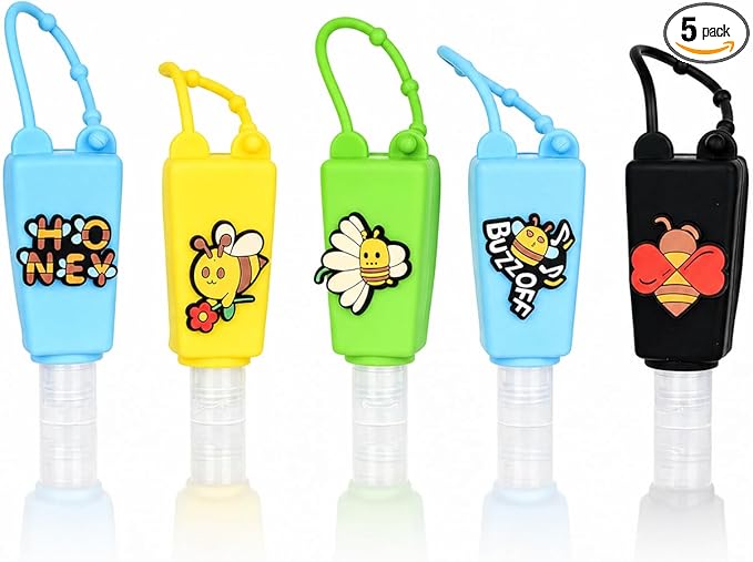 5-Pack Cartoon Kids Hand Sanitizer Holder, 30ml Travel Size Refillable Bottles with Silicone Case, Leak-Proof Portable Containers for Lotion & Liquid Soap (Buzzy Bee)