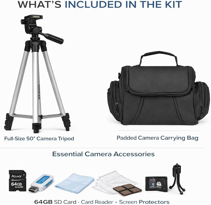 Camera Starter Accessory Kit – 50” Lightweight Tripod & Padded Camera Bag Bundle with 64GB SD Card, Cleaning Kit & Essentials for DSLR Cameras