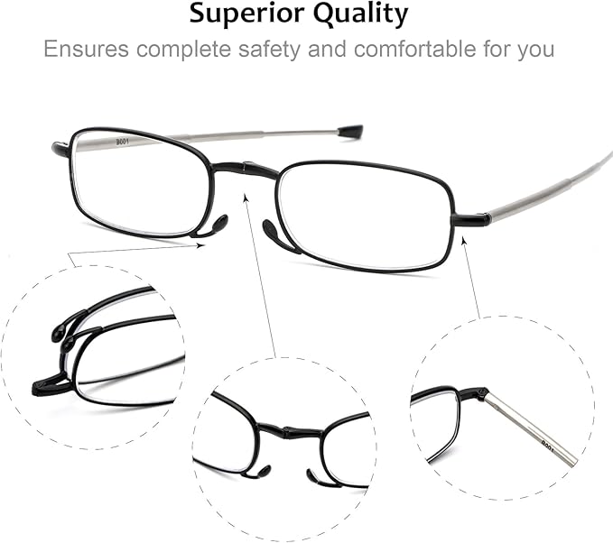 2 Pack Folding Reading Glasses Stainless Steel Mini Anti-Blue Light Blocking Reader for Men Women