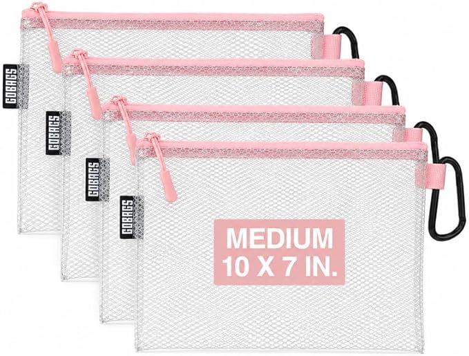 GOBAGS Air Production Medium Clear Zipper Pouch (4-Pack) – Cable Organizer & Travel Gear Bag for Electronics, Camera Accessories, Tool Pouch & Small Tech Storage (Pink)