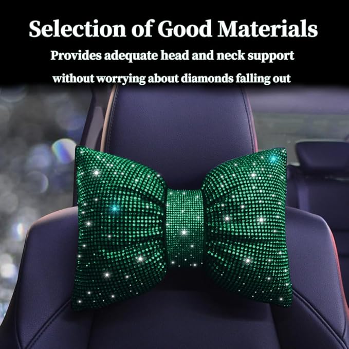 Bling Car Pillows Rhinestones Bowknot Neck Cushion Pillowsdiamond-Studded Headrest Accessories for Women Colourful Rhinestone Car Accessories Green 2Pcs