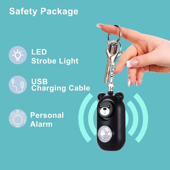 Personal Safety Alarm Keychain with LED Light, 130dB Emergency Alert, Rechargeable Bear Design for Women, Children,Girls