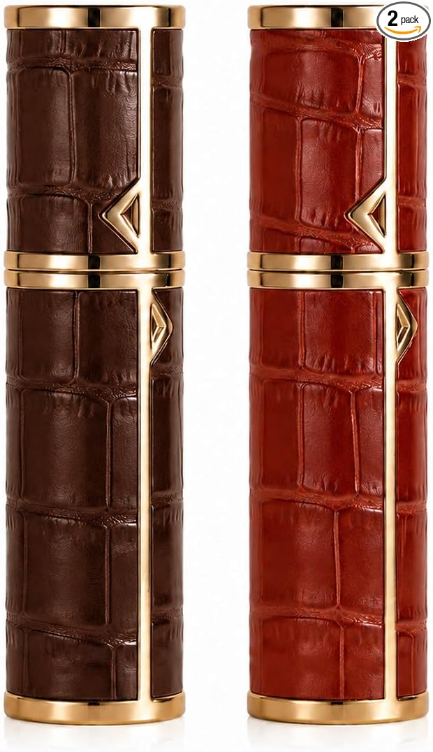 Atomizer Perfume Spray Bottle Refillable - 5ml Glass Inner Bottle with Premium Leather Case, Portable Travel Sprayer for Fragrance Lovers (Crocodile-Red-Brown)