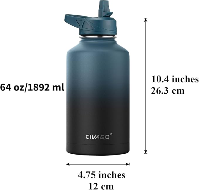 CIVAGO 64 oz Insulated Water Bottle With Straw, Half Gallon Stainless Steel Sports Water Flask Jug with 3 Lids (Straw, Spout and Handle Lid), Large Metal Thermal Cup Mug, Classic Omber Gray