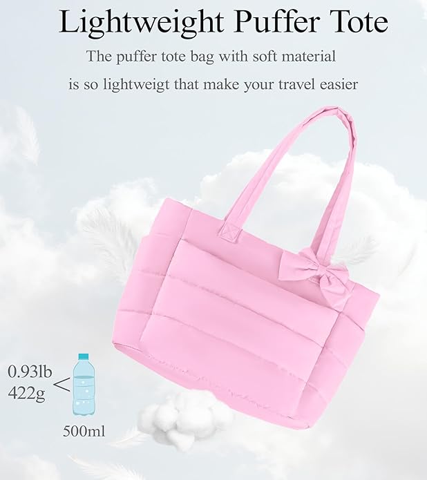 Puffer Tote Bag for Women, Quilted Bow Tote Bag with Cup Holder & 15.6 In Laptop Compartment for Work, Travel, Gym, College