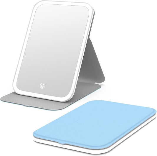 Kintion Travel Makeup Mirror, Portable LED Lighted Makeup Mirror, 360° Rotation Touch Screen Vanity Mirror, 60 LEDs, 3-Color Dimmable Lighting, Rechargeable Tabletop Folding Cosmetic Mirror, Blue