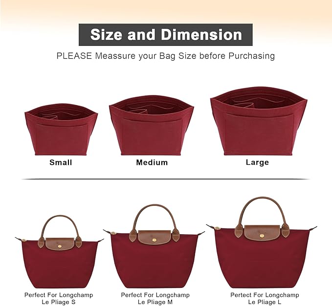 LOUKAYCCI Felt Purse Organizer Insert for Longchamp Le Pliage M Handbag Insert (Vine Red, Medium)
