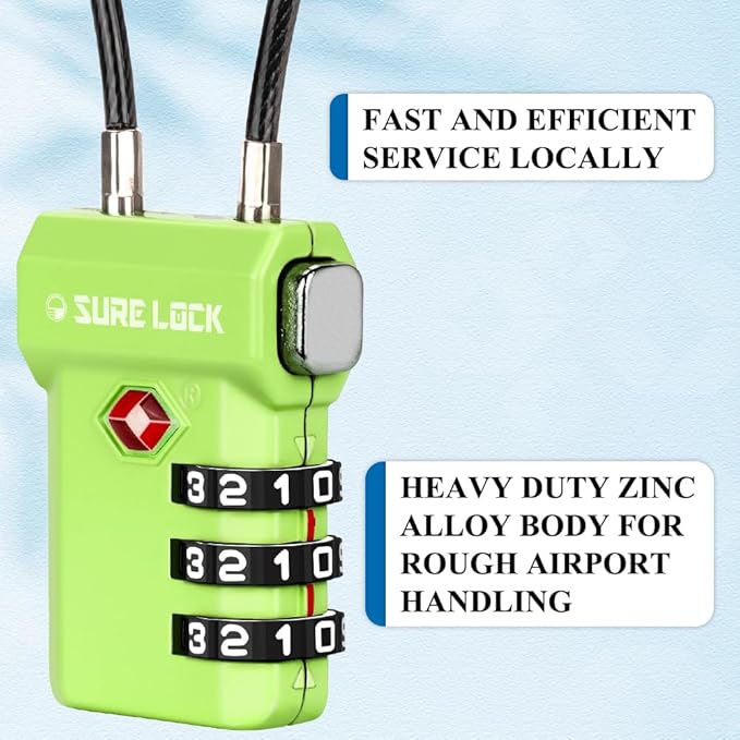 SURE LOCK TSA Approved Luggage Locks with Open Alert Indicator, 3 Digit Combination Cable Travel Lock for Suitcase, Backpack, Gym Locker, Toolbox, Carry On & Travel Bag