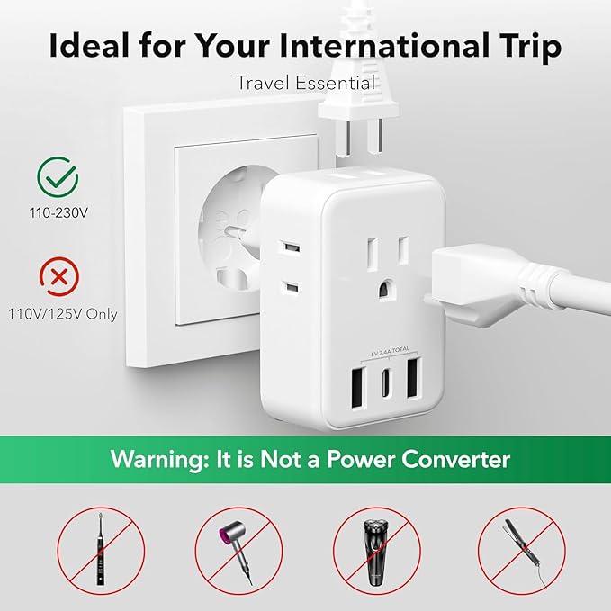 BN-LINK 2 Pack European Travel Plug Adapter, International Power Plug Adapter with 4 Outlets and 3 USB Ports（1 USB C）, 7 in 1 Travel to Europe Spain France Iceland Italy Germany Greece(Type C)