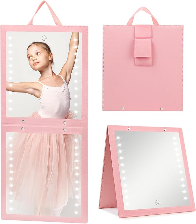 Fabuday Lighted Hanging Mirror for Dance Backstage - Rechargeable Folding LED Full Length Mirror with Lights for Dancers, Portable Foldable Travel Body Mirrors, Brightness Adjustable, Pink