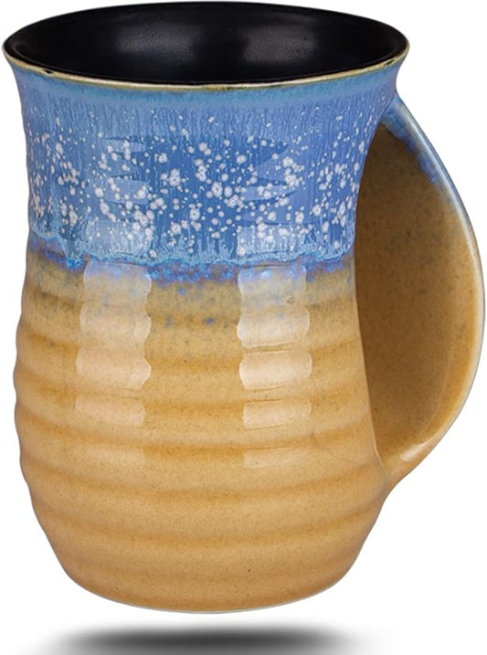 Hand Warmer Coffee Mug - Large Hand Warming Mug 16 Ounce Ceramic Handwarmer Pocket Handmade Pottery Right Handed (Blue,Yellow Sand)