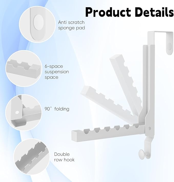 2 Pack Heavy Duty Over the Door Hanger, Compact Foldable Over Door Hook, Portable Compact Over Door Drying Rack for Laundry, Metal Over the Door Clothes Hanger, Rustproof & Waterproof (White)