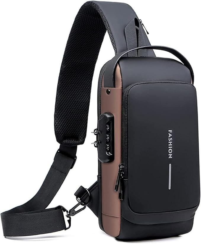 Waterproof Polyester Slim Unisex Crossbody Sling Bag Chest Backpack Men's Shoulder Bag, Leisure Travel Handbag, Hard Shell Anti-Theft Chest Bag, Fashion Bag - Black & Golden, Standard