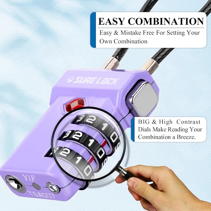 SURE LOCK TSA Approved Luggage Locks with Open Alert Indicator, 3 Digit Combination Cable Travel Lock for Suitcase, Backpack, Gym Locker, Toolbox, Carry On & Travel Bag