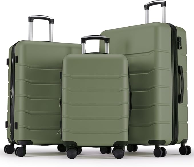 Sweetcrispy 3 Piece Luggage Set, ABS Hard Shell Carry On Suitcase with Smooth Spinner Wheels and TSA Lock, Lightweight Rolling Travel Luggage 20/24/28 Inch for Travel Business Vacation, Green