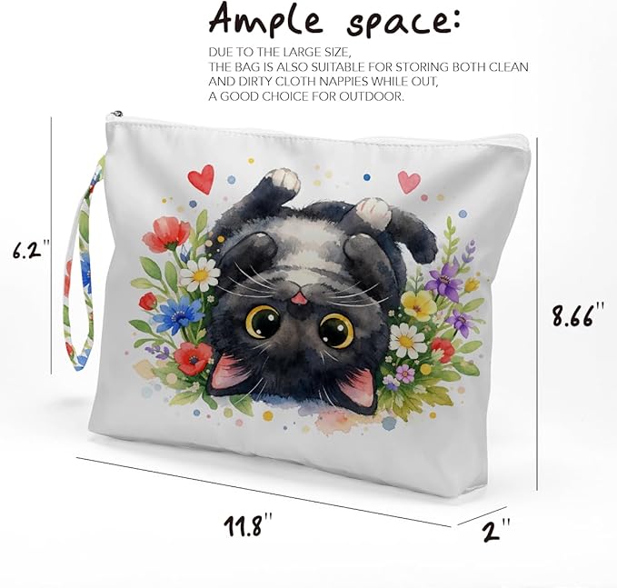 Fokongna Black Cat Print Wet Bag, Small Portable Waterproof Multi-Functional Organizer for Women,Multicolor Floral Heart Black Cat，Ideal for Daily, Beach & Travel