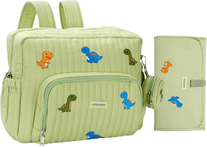 GOBABYMART Diaper Bag Backpack with Changing Pad - Travel Baby Bag, Insulated Bottle Pockets, Stroller Straps (Medium - Green Dinosaurs)