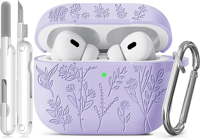 Flower Engraved Case for Apple AirPods Pro 2 Gen with Clean Kit,Soft Silicone Protective Case Cover for AirPod Pro 2nd/1st Generation Keychain,Lanyard,3 Pair Ear Tips,Front LED Visible,Pastel Lilac