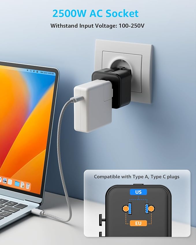 “Air” Universal Travel Adapter, Slim International Travel Plug Adapter with 2500W Max AC Socket, All in One Portable Adaptor, for USA, UK, EU, AU ＆ 224+ Countries (Black) US