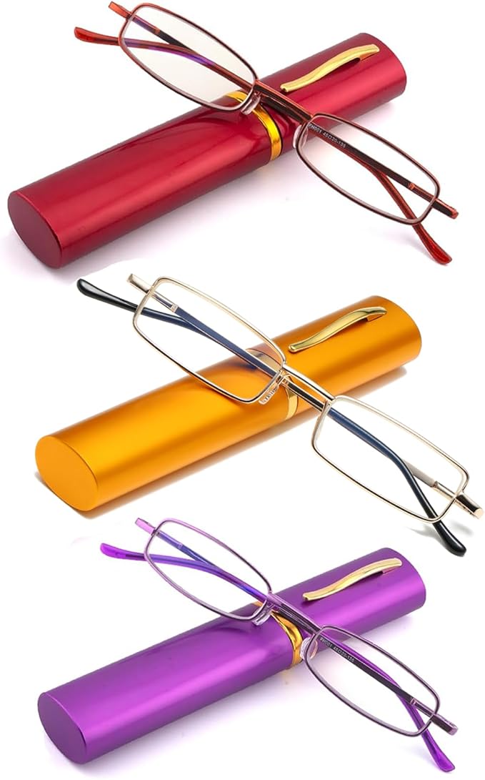 Viseng Slim Mini Metal Reading Glasses Compact Lightweight Portable Readers with Glasses Case for Reading Case +1.0 Purple+gold+red